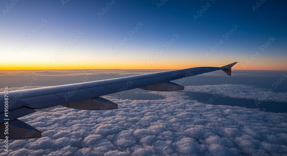 Obraz premium Breathtaking Airplane Wing View Above Soft Clouds During Stunning Sunset or Sunrise Over Horizon