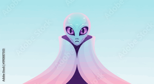 Pixelated alien with purple eyes, wearing a flowing pastel cape