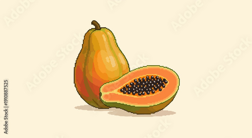 Pixel art depiction of a whole papaya next to a halved papaya revealing its seeds