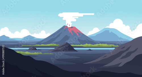 Pixelated landscape with a smoking volcano erupting