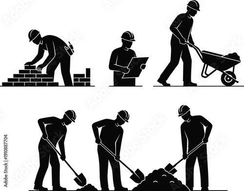 Silhouette, collection, of, construction, workers, engineers, businessmen, surveyors, masonry, experts, and, heavy, machinery, icons, for, industrial, and, commercial, project, design.