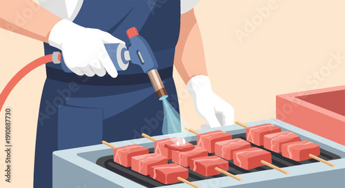 Person with torch searing cubes of meat on skewers over a grill
