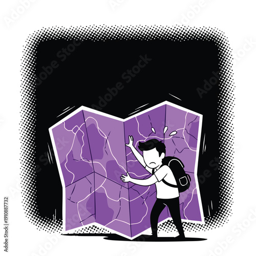 Lost Traveler. Confused Man. Unfolding Map. Dark Background. Illustration.