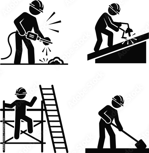 Silhouette, collection, of, professional, businessmen, in, suits, combined, with, construction, workers, engineers, masonry, experts, and, heavy, machinery, on, white, background.