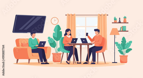 People working on laptops in a room with plants and a TV