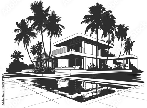Modern luxury tropical villa architecture vector, house with swimming pool and palm trees silhouette