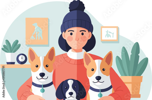 Person with three dogs in cozy indoor scene, wearing a winter hat and sweater