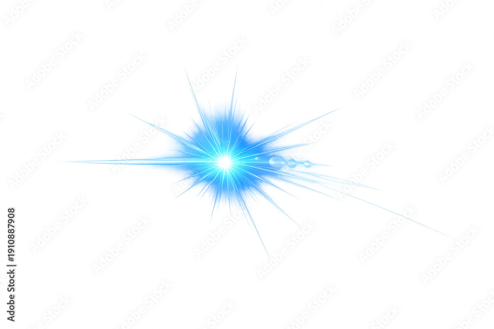 Fototapeta premium Blue light lens flare creating a bright starburst effect and optical refraction, shining with a brilliant flash on transparent background