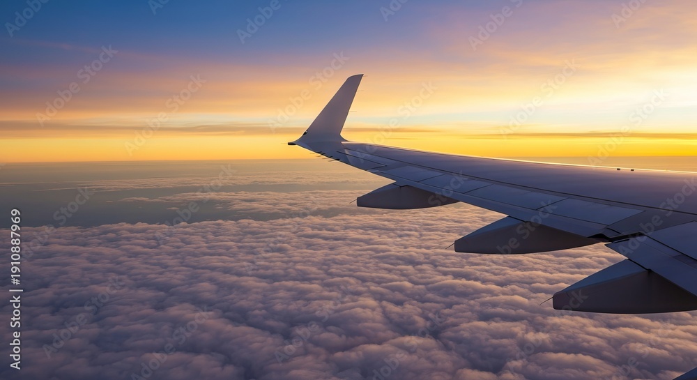 Obraz premium Stunning Aerial View of Airplane Wing Above a Sea of Clouds at Sunset, Capturing Nature s Beauty