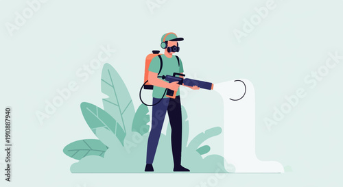 Person with sprayer and backpack disinfecting plants in cartoon style