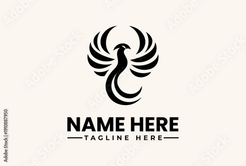 A stylized black phoenix logo with outstretched wings and a curved tail on a beige background, accompanied by placeholder text for a name and tagline in a modern design.