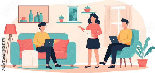 People collaborating on laptops in a cozy living room with art and plants