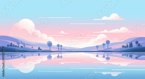 Pixelated landscape with serene water reflection under a pastel sky