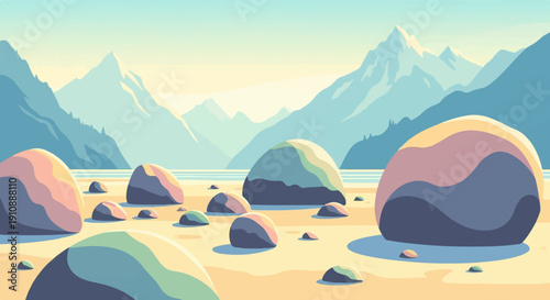 Pixelated landscape with smooth, colorful rocks and hazy mountains