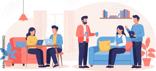 People collaborating in a cozy living room with laptops and coffee