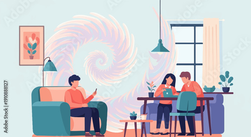 People collaborating at home with a surreal spiral backdrop