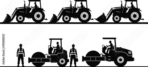 Silhouette, of, construction, workers, operating, heavy, machinery, like, tractors, and, rollers, plus, engineers, using, surveying, equipment, on, white, background.