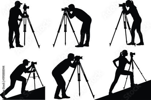 Silhouette, of, professional, surveyors, and, construction, engineers, using, tripods, cameras, ladders, and, industrial, tools, on, a, plain, white, studio, background.