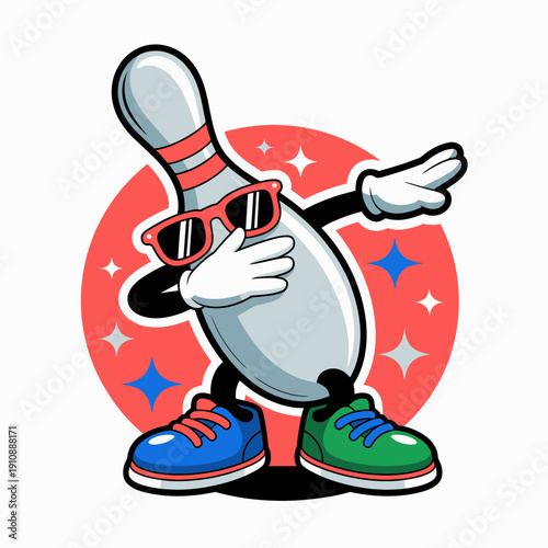 A cartoon bowling pin wearing sunglasses and colorful sneakers strikes a dabbing pose