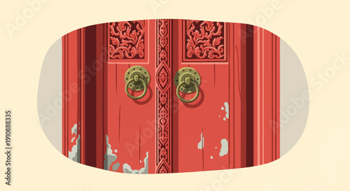 Ornate red double doors with weathered paint and brass ring handles