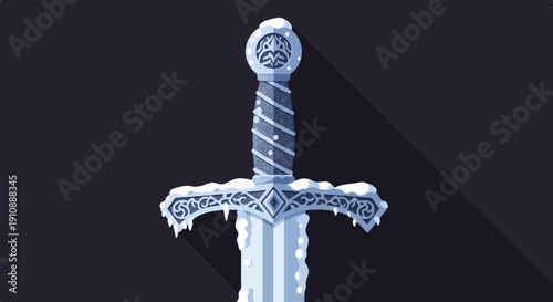 Ornate, snow-covered sword with intricate carvings on dark background