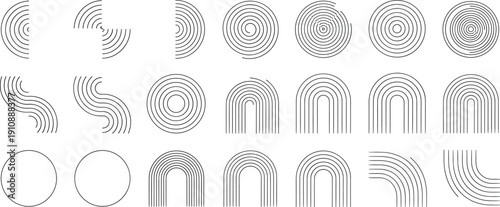 Minimal concentric line patterns and arc shapes featuring circular rings, radial waves, half circles, and abstract geometric curves