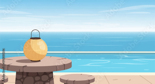Outdoor seating area with table, stool, lantern, pool, and ocean