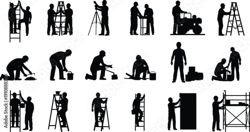 Silhouette, collection, of, construction, workers, using, ladders, surveying, equipment, tools, and, heavy, machinery, performing, industrial, site, tasks, on, white, background.