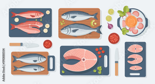 Overhead view of various fresh fish, cuts, and ingredients for cooking