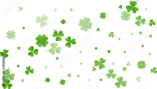 Green White St. Patricks Day bg. Flying clover leaves. Clover leaf as a symbol of good luck, traditional holiday of Ireland, beer festival. Vector background Illustration.