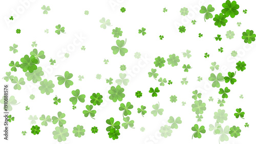 Green White St. Patricks Day bg. Flying clover leaves. Clover leaf as a symbol of good luck, traditional holiday of Ireland, beer festival. Vector background Illustration.