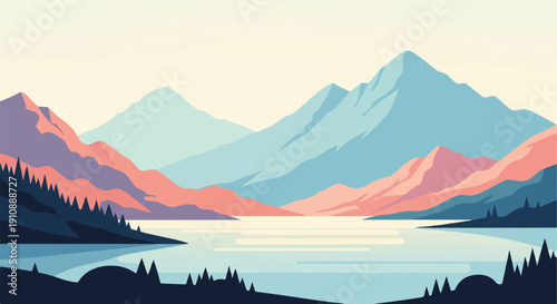 Pastel mountains rise above a serene lake with distant pine forests