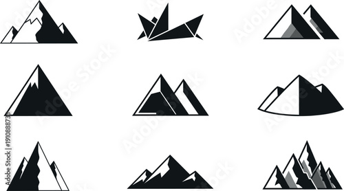 Minimal geometric mountain icon collection with peaks, ranges, ridges, and abstract landscape silhouettes for outdoor design