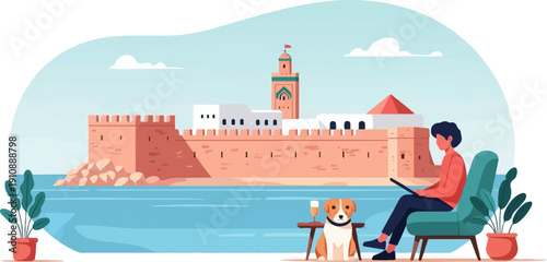 Person with dog relaxes by water overlooking ancient fortress and tower
