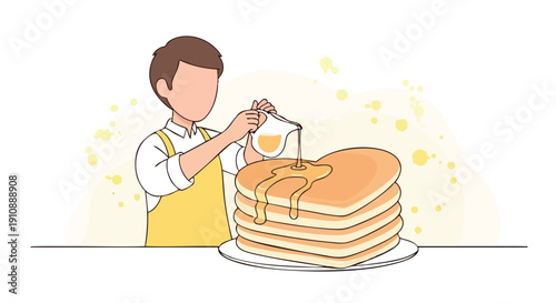 Man pouring syrup on heart-shaped pancakes. Breakfast. Food.