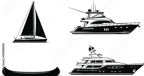 Boat Silhouette Collection Featuring Sailboat, Luxury Yachts and Canoe, Nautical Marine Transport Vector Illustration Set