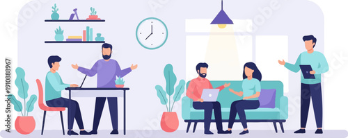 People collaborating and discussing in a modern office setting with plants