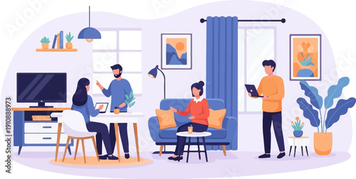 People working remotely and relaxing in a stylish, modern living room