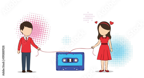 Couple Connected by Cassette Tape. Love Story. Retro Romance.