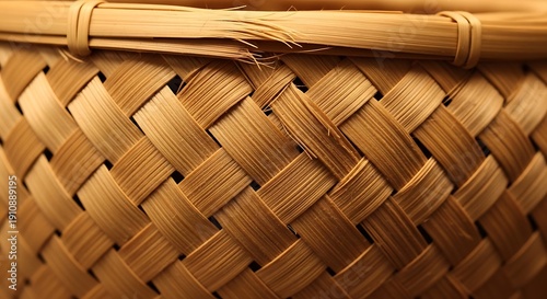 Close-up view of a woven bamboo basket with intricate patterns and textures, showcasing traditional craftsmanship in a detailed overhead shot