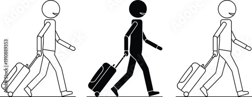 Set of traveler stick figure icons walking with suitcase, tourist man pulling luggage trolley, travel and vacation concept vector illustration