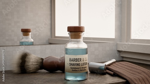 Photos 3D render: Still life with men's shaving cosmetics - a bottle of aftershave lotion, shaving brush and razor
