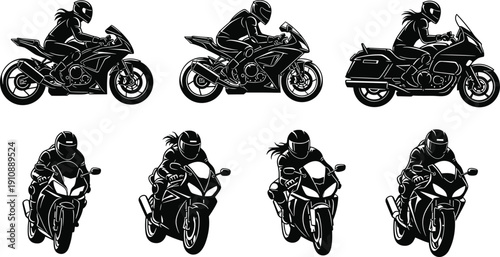 Sport motorcycle rider vector illustration racing bike silhouette motorbike speed action road biker black white collection set design bundle