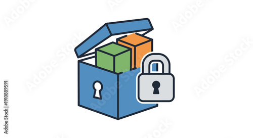 Secure box with padlock and cubes.