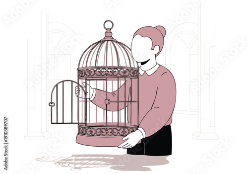 Person opening an empty birdcage, symbolizing freedom and escape.