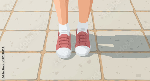 Person wearing red sneakers and white socks standing on a paved walkway