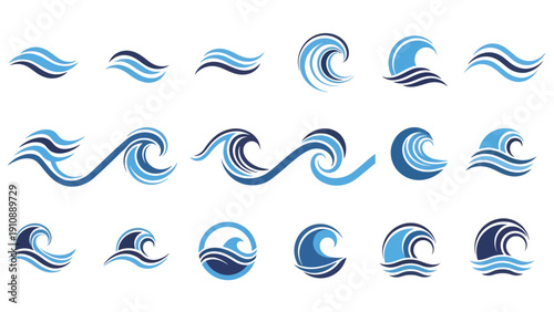 Collection of blue ocean wave graphics in various curls and swirls for web design