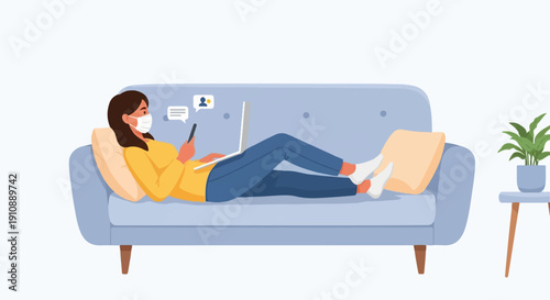 Person wearing mask on couch with laptop, phone, and plant