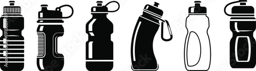 Sport water bottle silhouette collection set, reusable drink container icons bundle, fitness hydration equipment illustration isolated black design concept