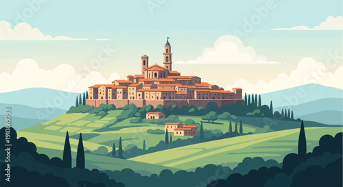 Pixel art landscape of a historic Italian town perched on a rolling green hill